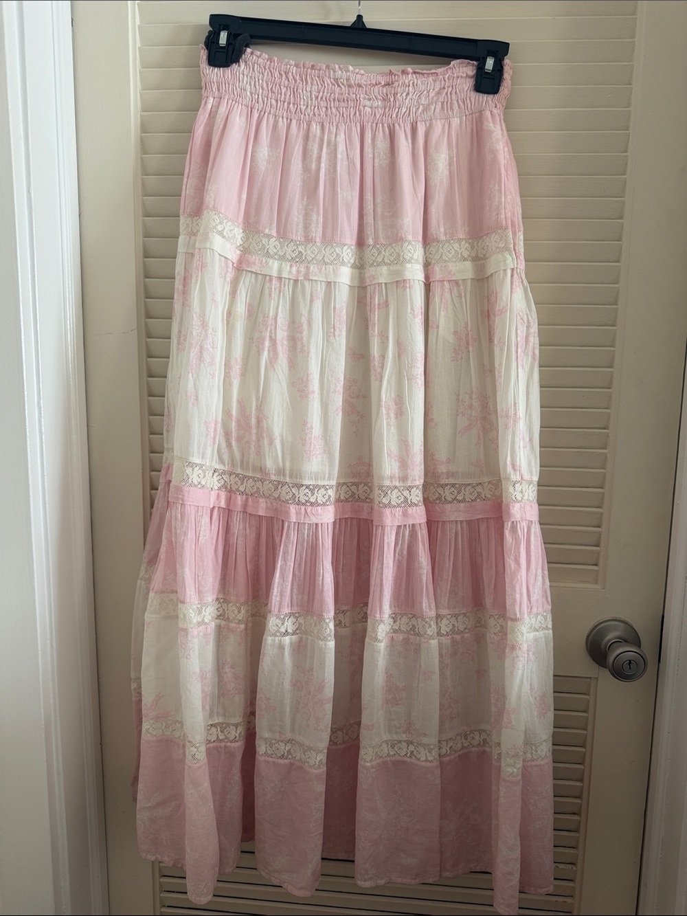 LoveShackFancy Pink and Cream Tiered Maxi Skirt